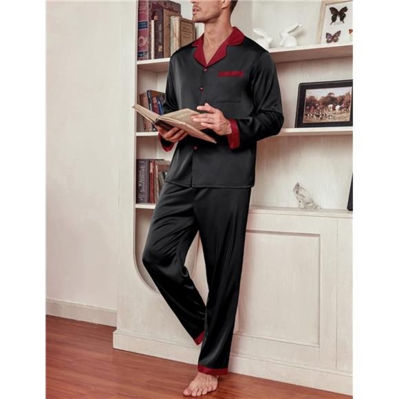 Men Satin Silk Pajamas Set with Pockets Long Sleeve-black - Picture 4 of 6